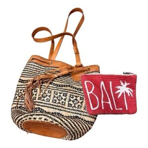 Bali leather Rattan bag backpack and zipper pouch bundle
